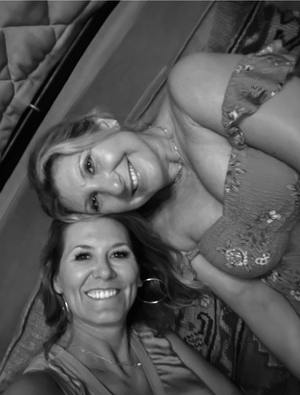 Christi, margarita mama, and author, Stephanie, in San Antonio at Hotel Emma Bar in black and white.